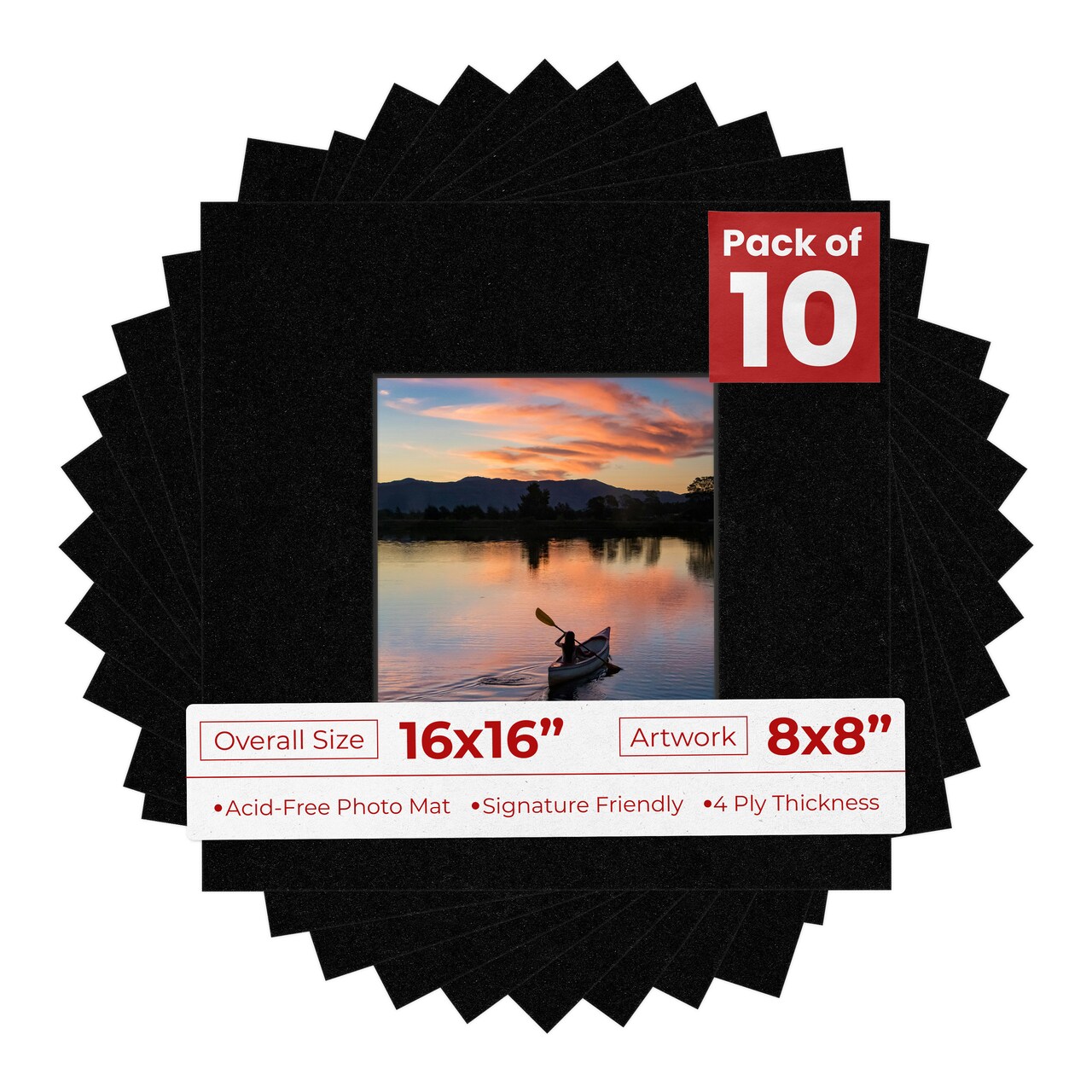 Black with Black Core Mat Board for 16x16 Frames - Fits 8x8 Photos